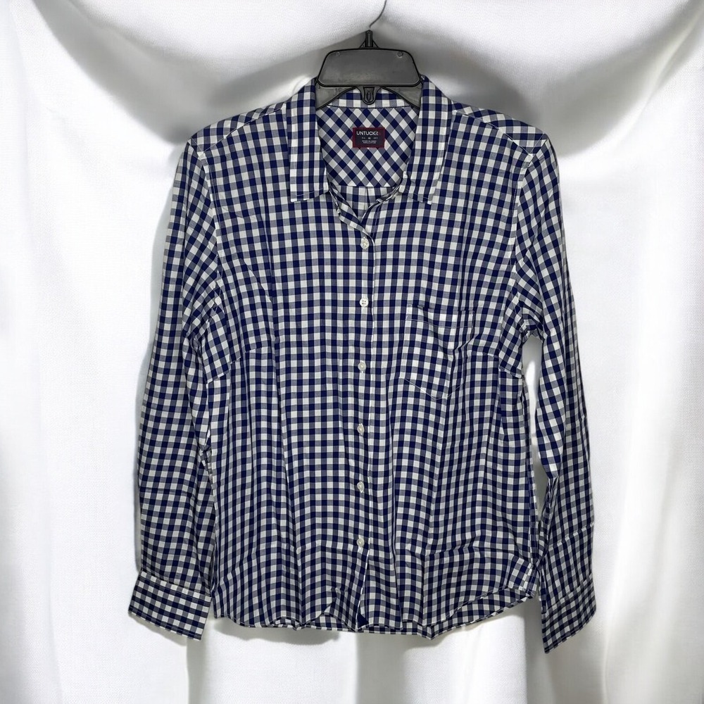 Untuckit Shirt Womens 2 Navy Belleza Gingham Preppy Prep Button Down Classic NWT